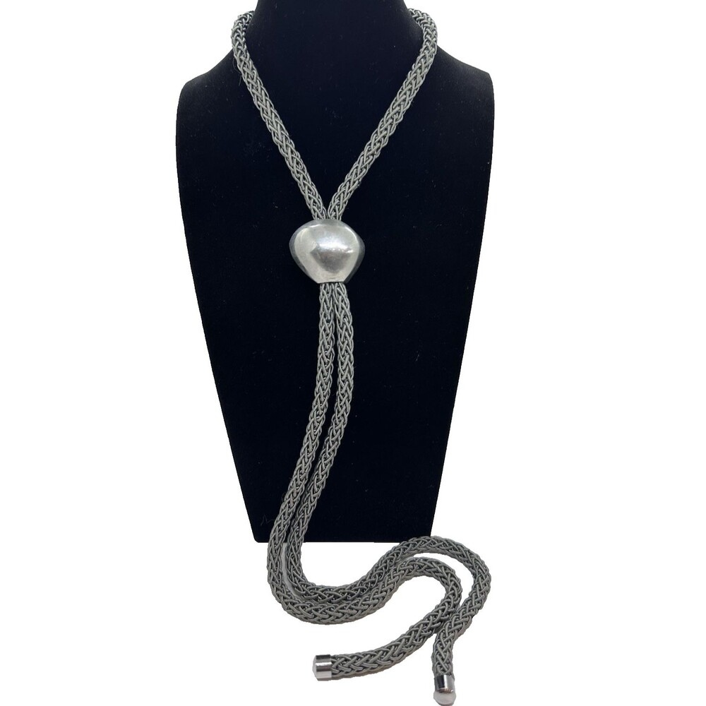 Braided Grey Cord Bolo Necklace Silver Tone Hardware Adjustable
